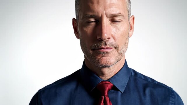 Man in blue shirt and red tie looking seriously at camera