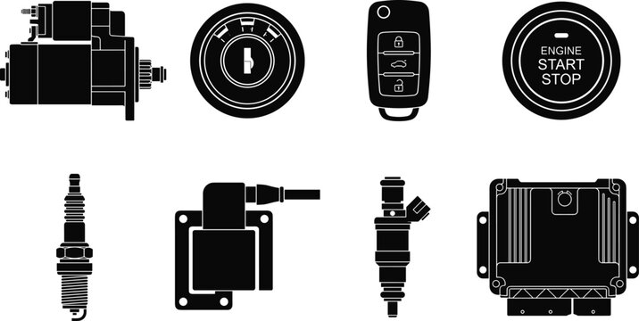 Automotive Ignition and Engine Control Icon Set Featuring Car Keys, Spark Plugs, Starter Motors, and Electronic Vehicle Components