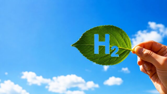 A hand holds a green leaf with "H2" displayed against a bright blue sky, symbolizing nature and hydrogen energy.