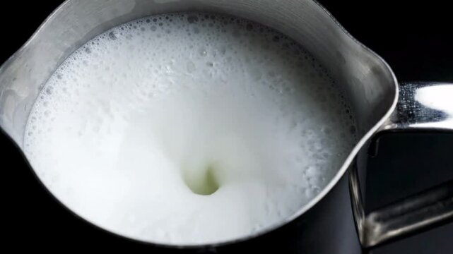 Close up of frothing milk swirling inside a metal pitcher, creating creamy foam, ideal for coffee shop or barista preparation, beverage making