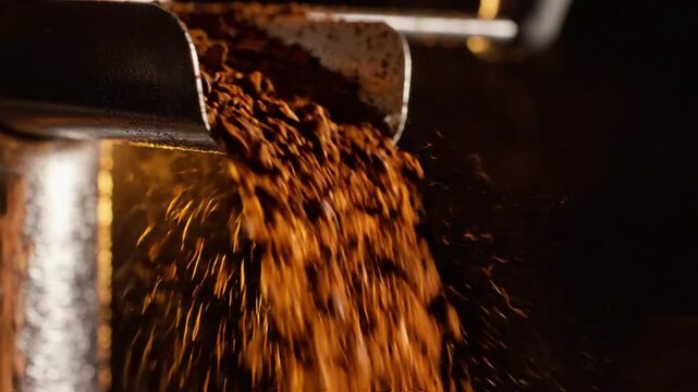 Ground coffee beans falling from a metal scoop into darkness, close-up macro shot, rich brown texture, coffee preparation, morning ritual