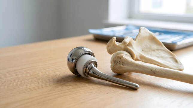 Shoulder joint prosthesis and bone model on table
