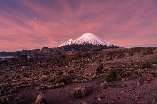 Parinacota Volcano at dawn over Andean plateau landscape