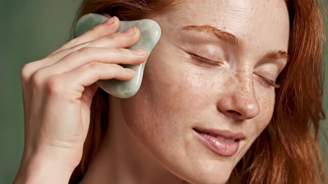 Young woman with red hair and freckles gently massaging her face with a gua sha stone