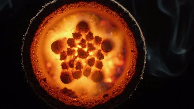 Close up view of glowing molten metal with sparks and smoke, abstract fiery orange texture, heat and energy, industrial process