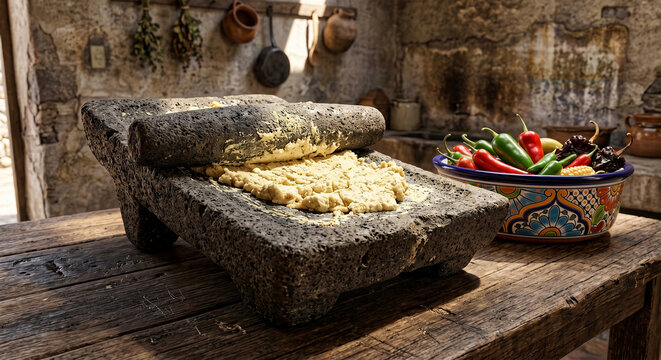 Traditional Mexican Volcanic Stone Metate with Fresh Corn Masa Dough in Rustic Kitchen