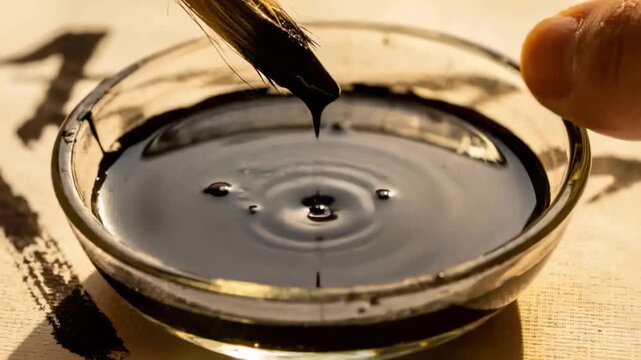 Touching brush tip, hands steadying glass dish, dipping bamboo brush into ink for calligraphy