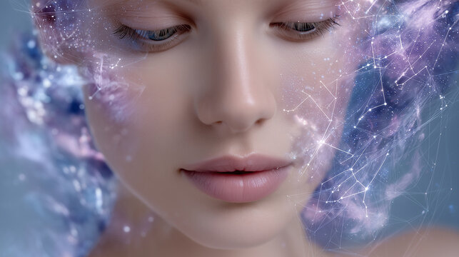 Cosmic zodiac woman with luminous constellations and astral energy, dreamy nebula background, magical cinematic realism