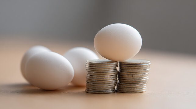 White eggs and stacked coins representing economic concepts, cost of living, financial investment, and food prices on a wooden table surface