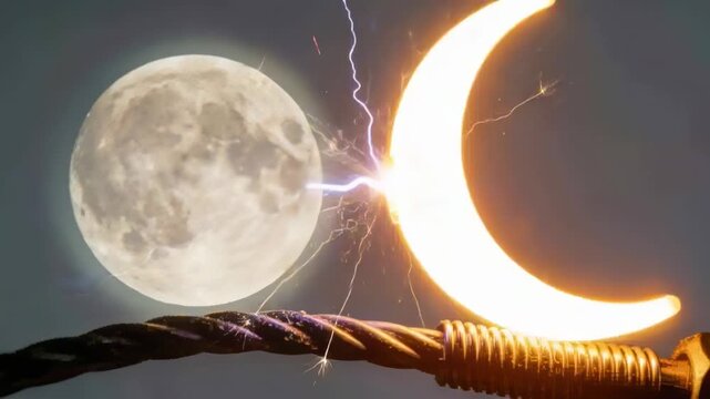 Sparking crescent electrode after voltage pulse, sending arcs at night with moon, cable and bolt
