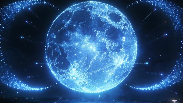 Starting animation sending central luminous moon-like sphere pulsing at arena stage, with crescents