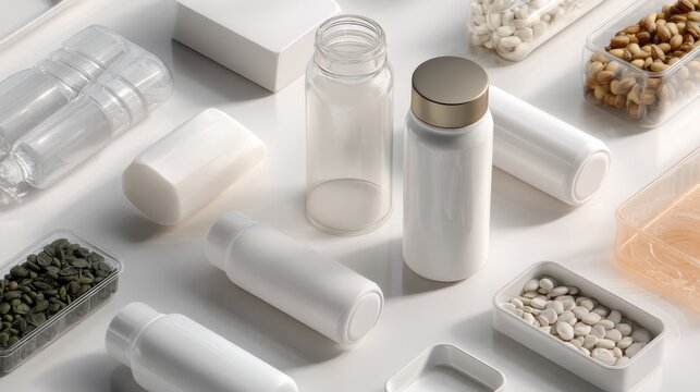 Minimalist assortment white pill bottles and supplements, sterile layout on neutral surface with clear vials and unlabeled jars, soft natural light, precise composition for pharmaceutical branding,