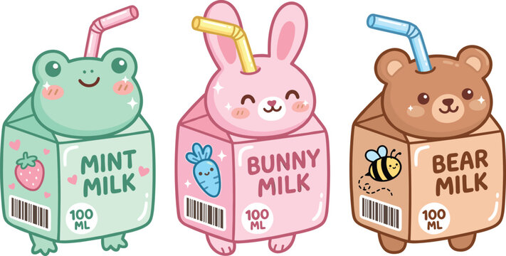 Cute Kawaii Animal Milk Carton Character Collection Featuring Frog, Bunny, and Bear Drink Boxes for Kids Branding, Nursery, Stickers, Packaging, and Digital Design Projects.