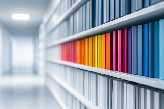 Endless shelves of books stretch down a hallway, a vibrant spectrum of colors