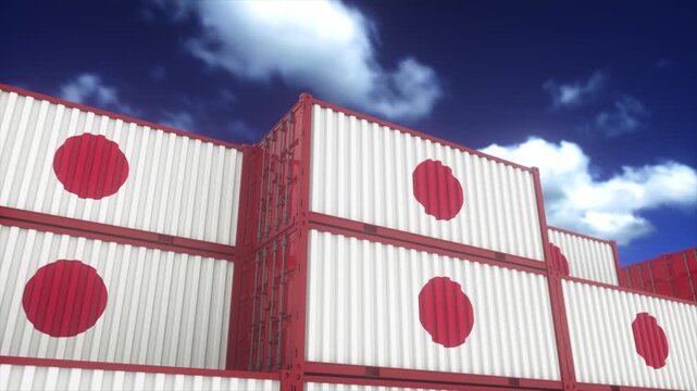 Japanese Flag Shipping Containers Stacked Under Dramatic Blue Sky