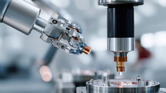 Robotic arm machining metal component with precision, closeup of spindle and cutting tool under coolant spray, sensorequipped actuator and programmable head executing highspeed milling, clean