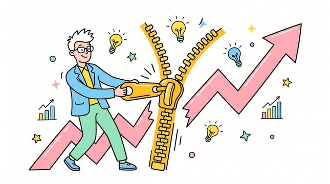 Funny doodle illustration of a business character using a giant golden zipper to fix a broken arrow chart, integration concept.