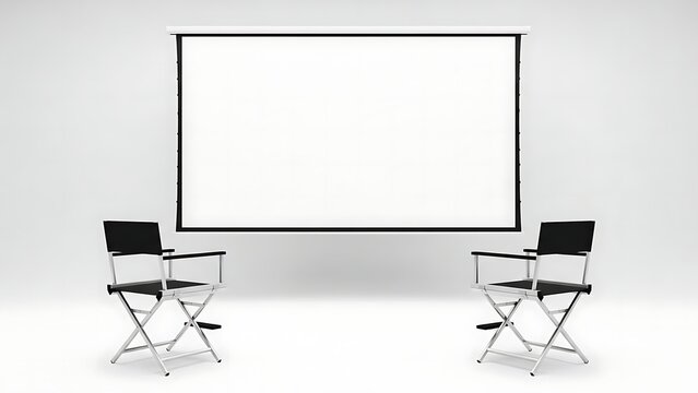 Two director chairs in front of a projection screen