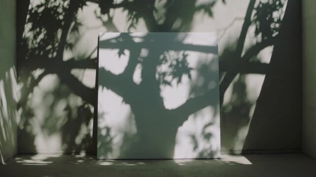 Shifting tree shadows moving across white canvas in studio from off-frame window and moving foliage