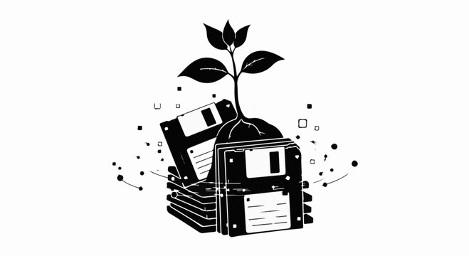 A sprouting plant emerges from a stack of vintage floppy disks, symbolizing digital growth and evolution.