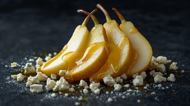Juicy sliced pears drizzled with golden honey beside crumbled blue cheese on dark slate surface. Dramatic side lighting, premium gourmet aesthetic. Ideal for food, wine, and restaurant concepts.