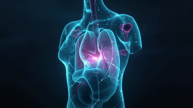 Responding to central glow, torso pulsing, filling lungs and bronchi to show airways in navy studio