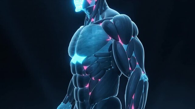Orbiting camera revealing CGI torso with cyan midline and pink nodes in dark studio for anatomy