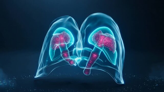 Opening frontal view, glowing 3D lungs with trachea rotating and pulsing in navy studio for anatomy