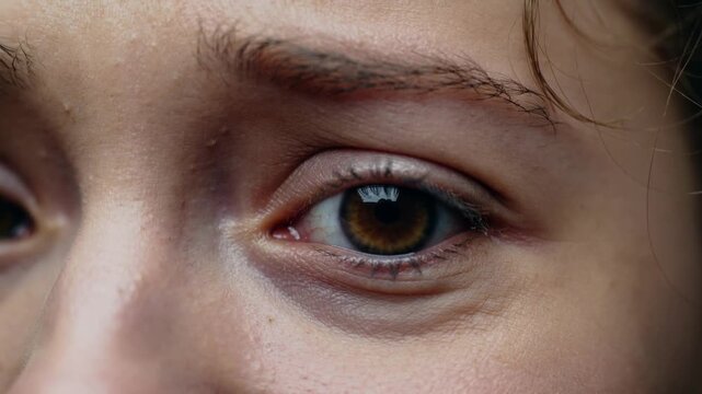 Camera starting recording, woman's right eye holding forward gaze in studio, showing window light
