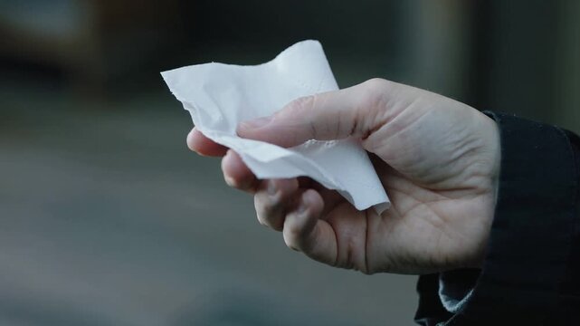 Meeting adult hands passing crumpled note on sidewalk, right hand wearing dark cuff left extending