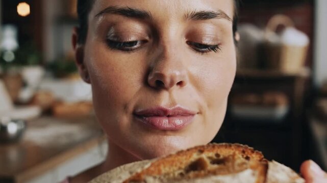 Smelling woman holding rustic loaf close at bakery counter, tasting crust and testing freshness