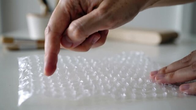 Tapping index finger, adult hands pressing clear bubble wrap on kitchen countertop, popping bubbles