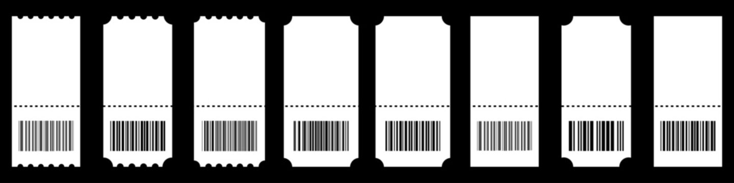 Ticket stub icon collection featuring barcode labels, cinema passes, event coupons and admission tickets in flat vector style. For entertainment, concerts, travel, shopping apps and booking systems.