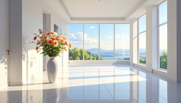 Interior modern yang cerah dengan vas bunga dan pemandangan panorama
