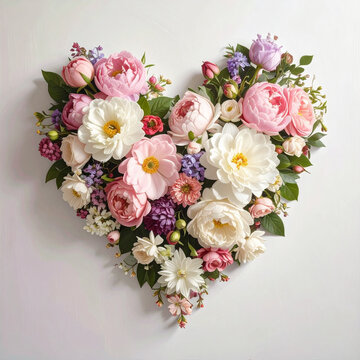 Heart shaped floral arrangement with pink and white peonies