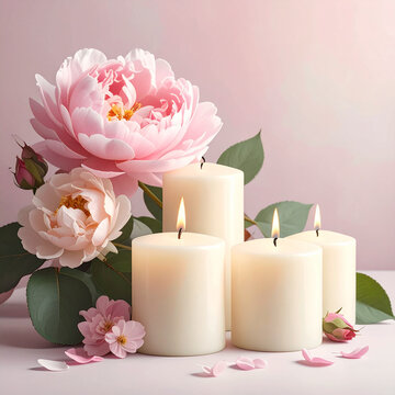 Bunga Peony Merah Muda Romantis dan Lilin yang Menyala