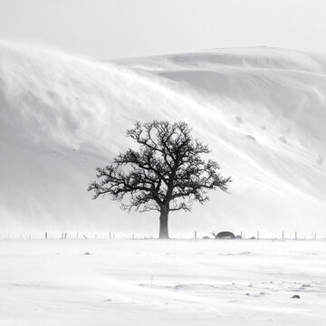 Solitary bare tree in snowy landscape with wind swept hills
