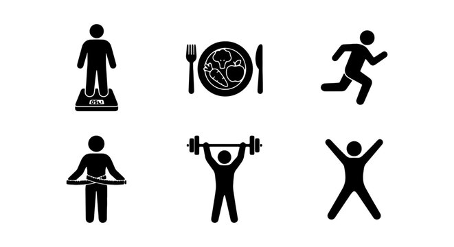 Healthy Lifestyle Icons: Weight Scale, Food Plate, Running, Yoga, Weightlifting, Jumping