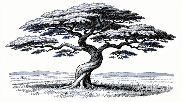 Detailed Black and White Illustration of an Ancient Bonsai Tree.