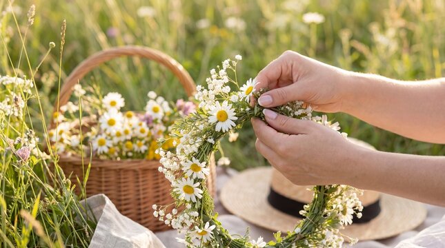 Hands carefully crafting a lovely daisy and gypsophila wreath in a sunlit meadow. Symbolizes natural beauty, traditional celebrations, and creative DIY.