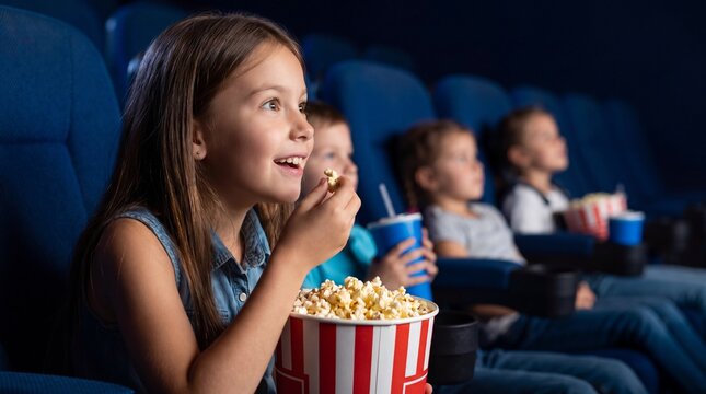 Young girl smiling, eating popcorn and watching a movie in a dark cinema. Captures family entertainment, childhood joy, and leisure activity.
