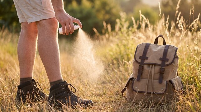 Hiker applying insect repellent to bare legs in sunlit tall grass. Essential protection for summer outdoor travel, hiking, and nature exploration.