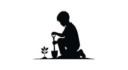 boy planting seedling with shovel black silhouette © momotaj