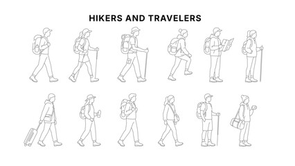 Fototapeta na wymiar Traveler and hiker character side view CAD drawing set, outdoor walking people with backpacks, trekking poles, luggage, and travel gear in minimal clean architectural line style