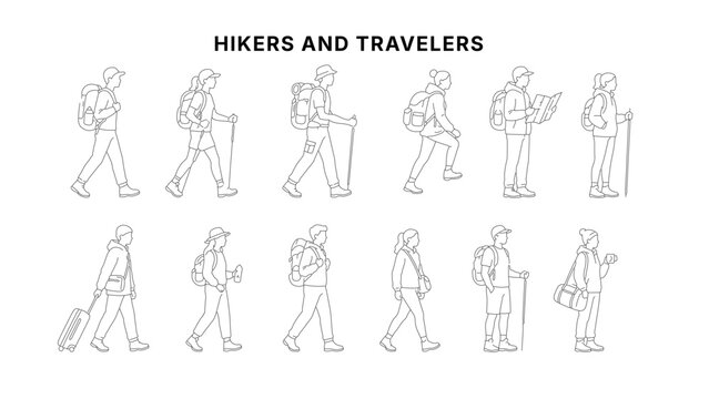 Traveler and hiker character side view CAD drawing set, outdoor walking people with backpacks, trekking poles, luggage, and travel gear in minimal clean architectural line style