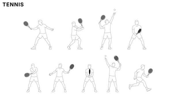 Tennis player exercise illustration set with serving, forehand, backhand, ready stance, and running poses in clean minimal line drawing style
