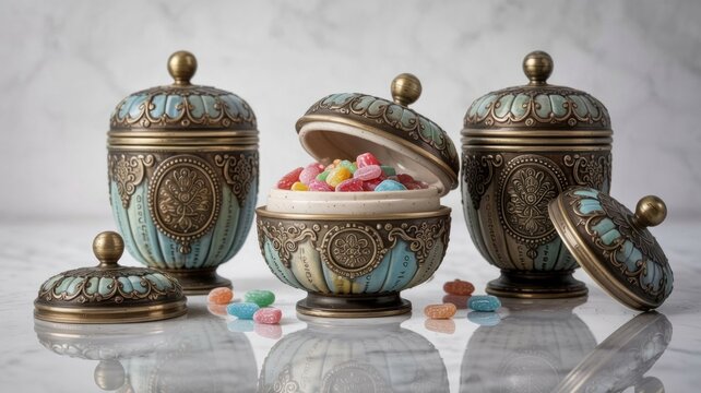 Ornate antique candy jars with colorful sweets on marble surface