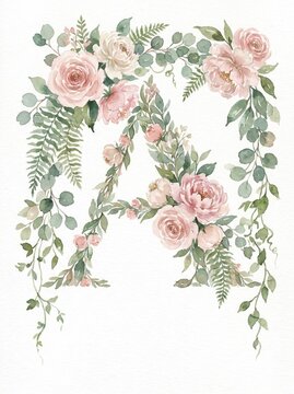 Botanical monogram letter A with florals, watercolour illustration