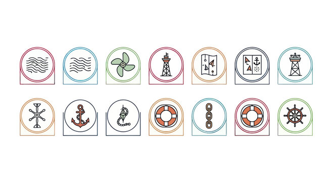Nautical Icons Set: Anchor, Ship Wheel, Lighthouse, Waves, Lifebuoy, Compass, Propeller