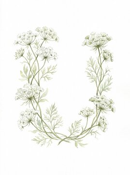 Botanical monogram letter U with umbellifer wildflower, watercolour illustration